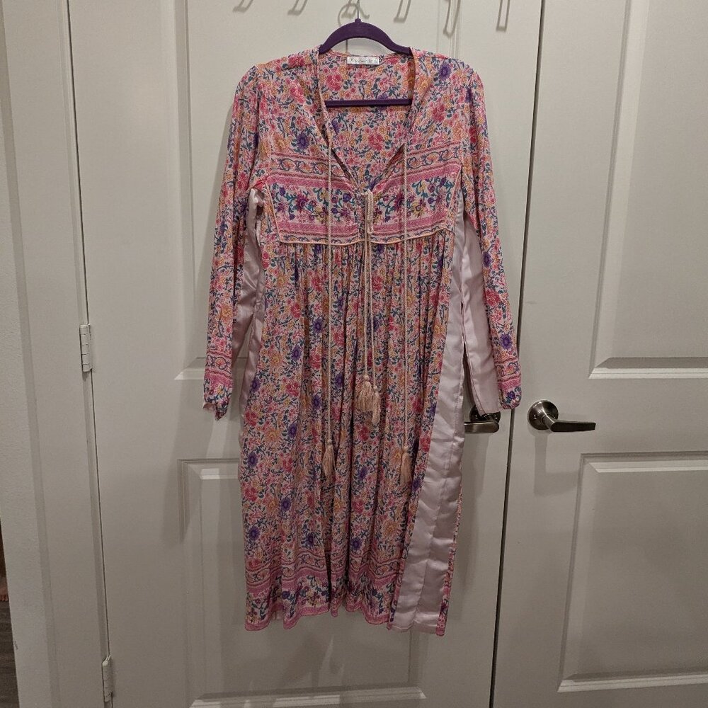 R.Vivimos Long Sleeve Floral Print V Neck Tassel Midi Dress pink